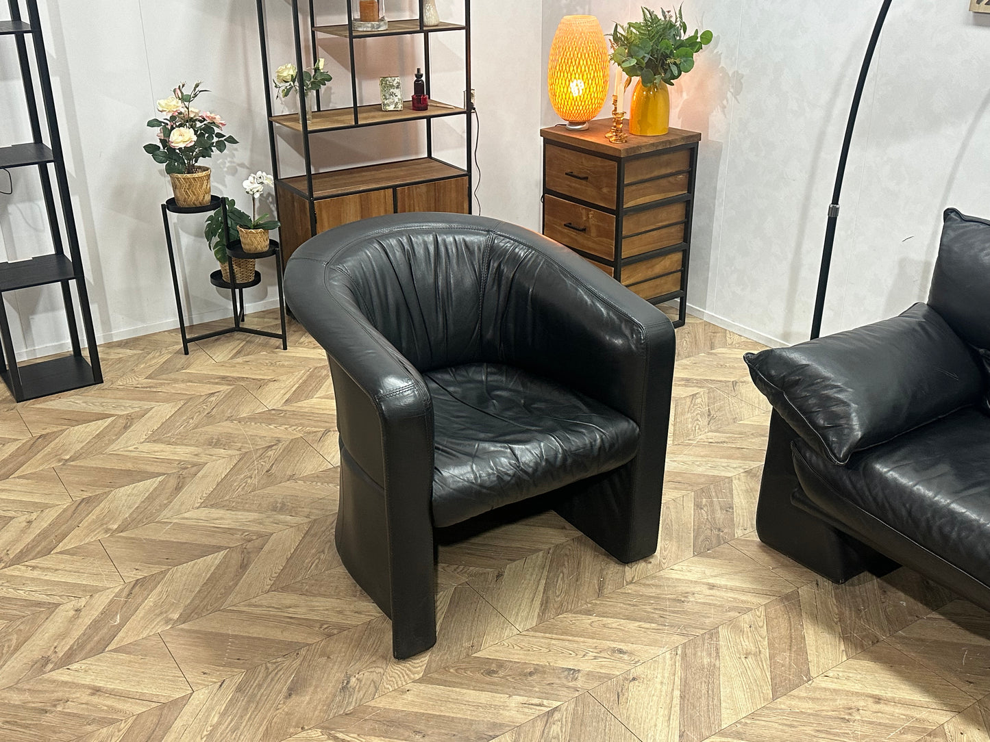 Zwarte Echt Lederen 2-Zits Inc Fauteuil ~ Vaste Kussens