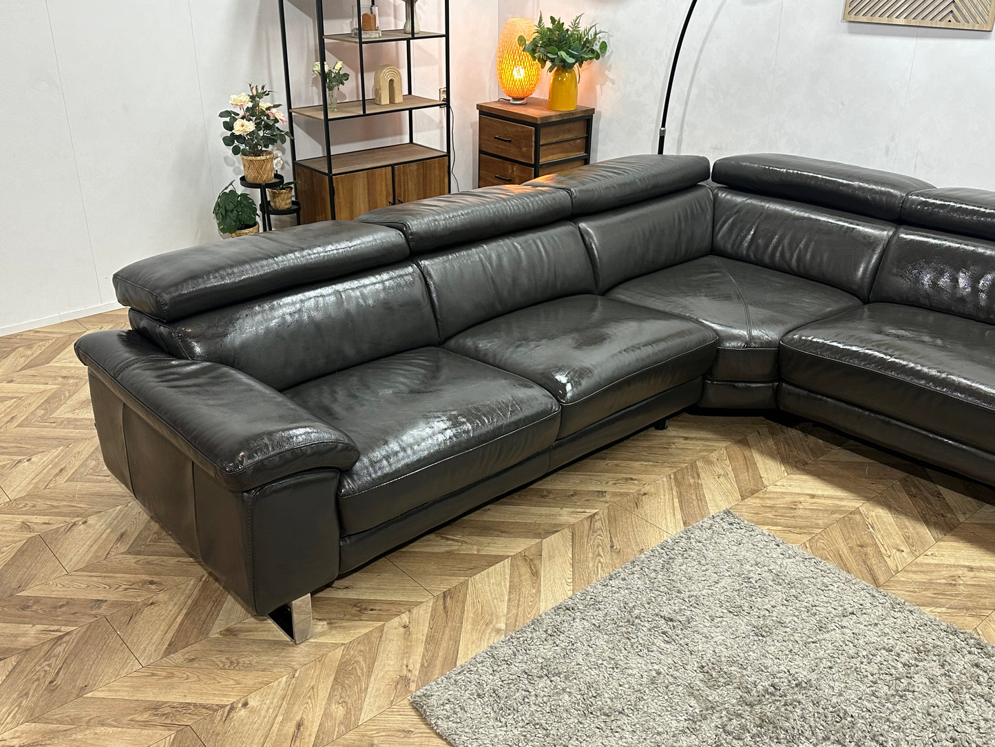 Goossens Zwarte Echt Lederen Hoekbank ~ Geïmpregneerd