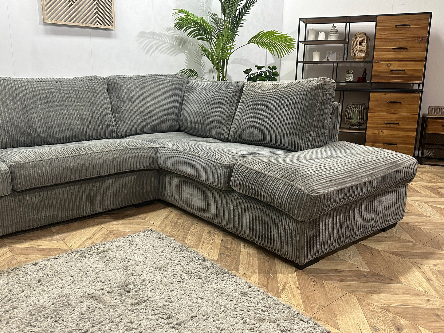 Grijze Ribstof Hoekbank ~ Losse Kussens Met Afneembare Hoezen