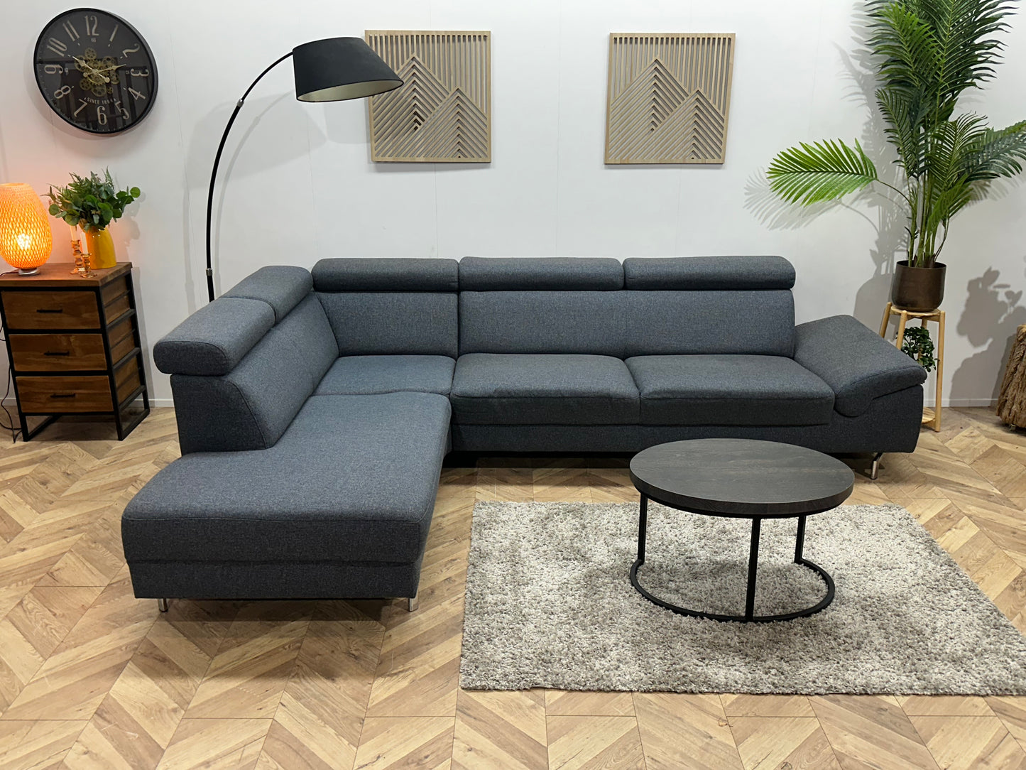 Montèl Blauwe/Grijze Hoekbank ~ Verstelbare Arm/Hoofdsteunen