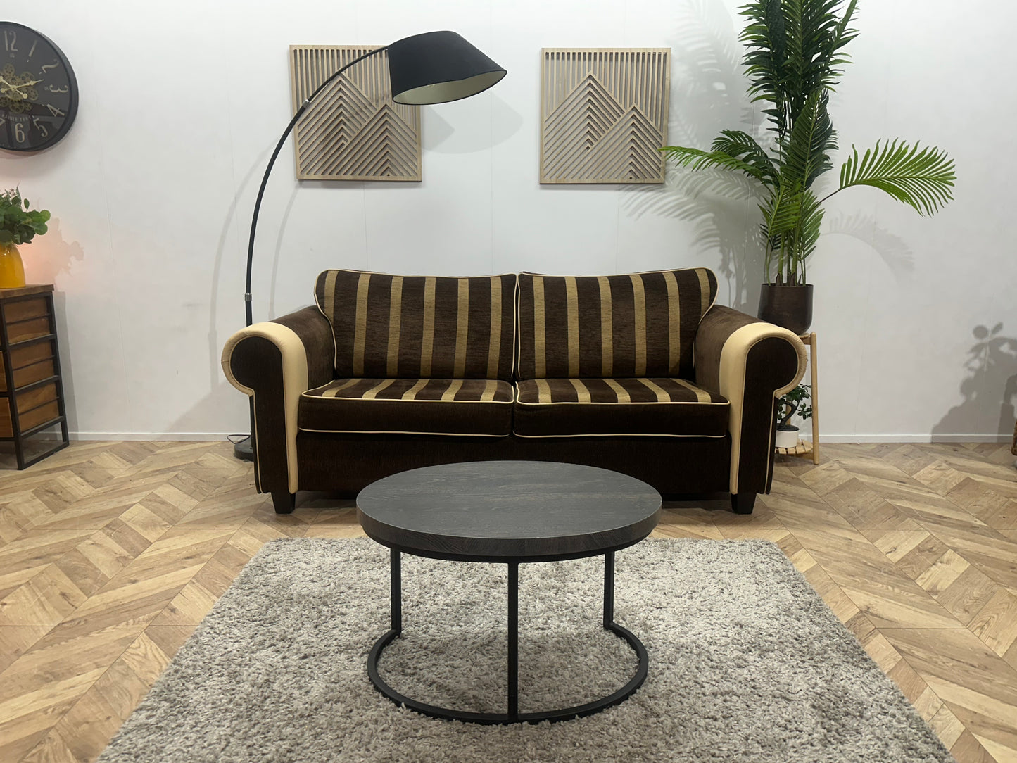 Bruine/Crème Stoffen/Echt Lederen 2.5-Zits Bank ~ Losse Kussens Met Afneembare Hoezen