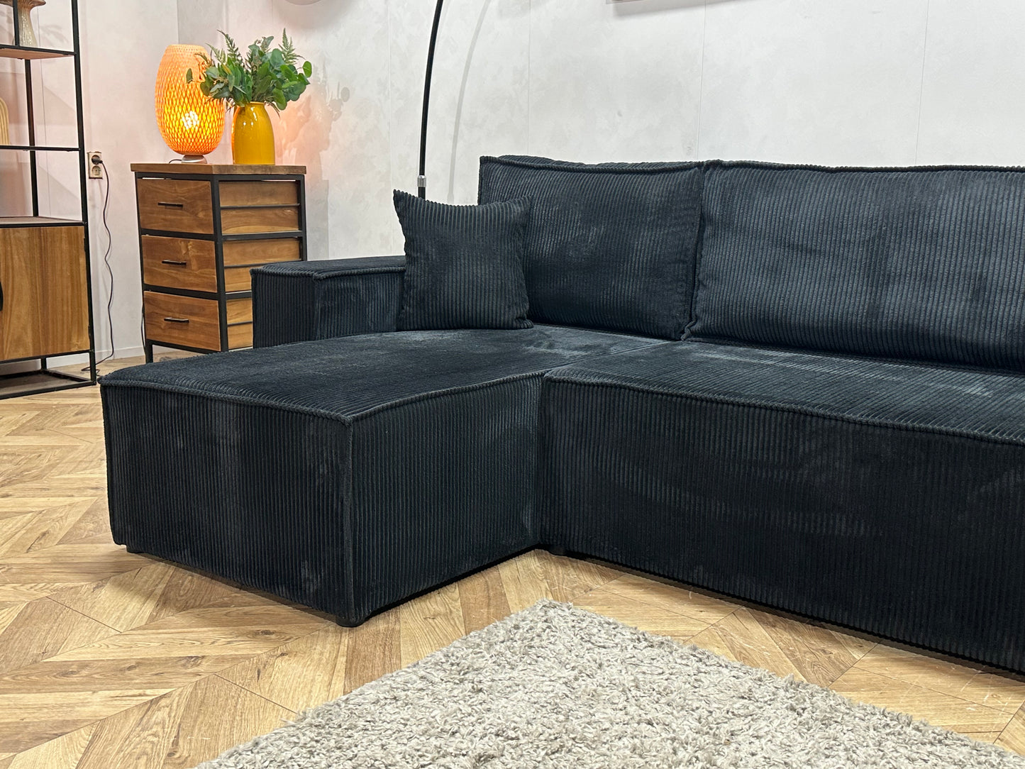 !Showroommodel! Zwarte Ribstof Hoekbank ~ Slaapfunctie