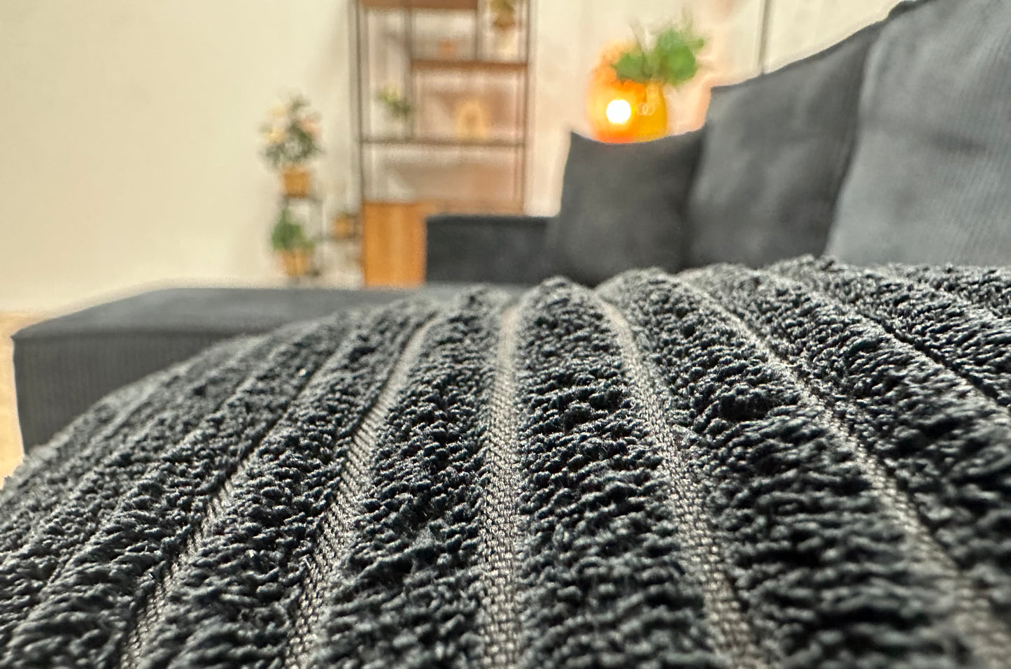 !Showroommodel! Zwarte Ribstof Hoekbank ~ Slaapfunctie