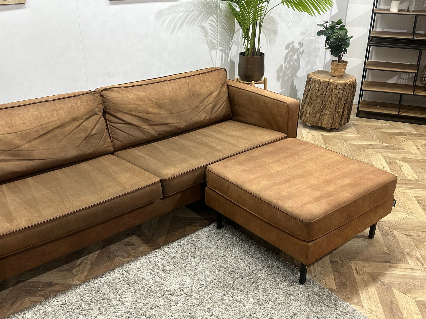 Woood Cognac Bruine Suède Stoffen Hoekbank Inc Fauteuil ~ Losse Kussens Met Afneembare Hoezen