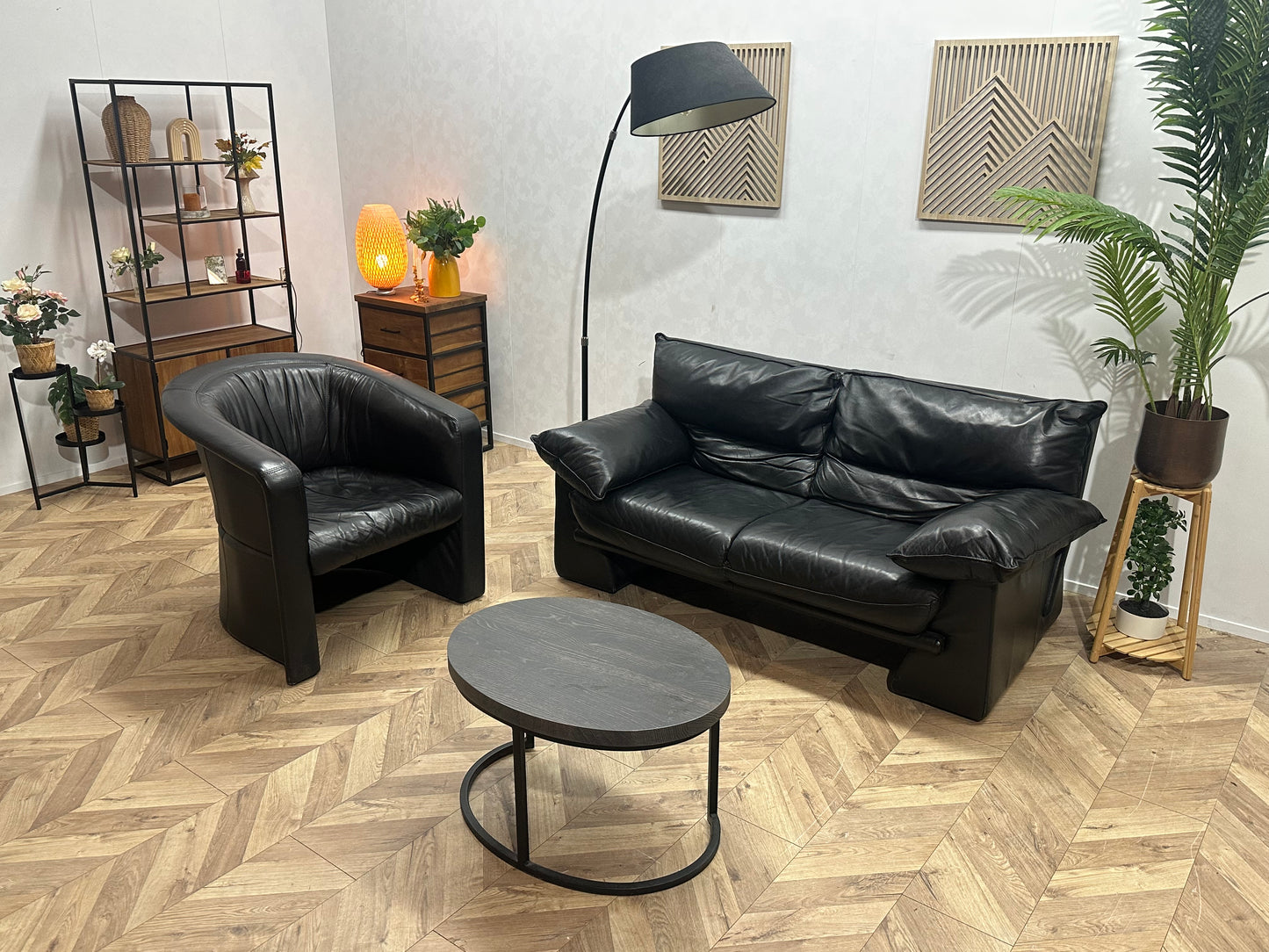 Zwarte Echt Lederen 2-Zits Inc Fauteuil ~ Vaste Kussens