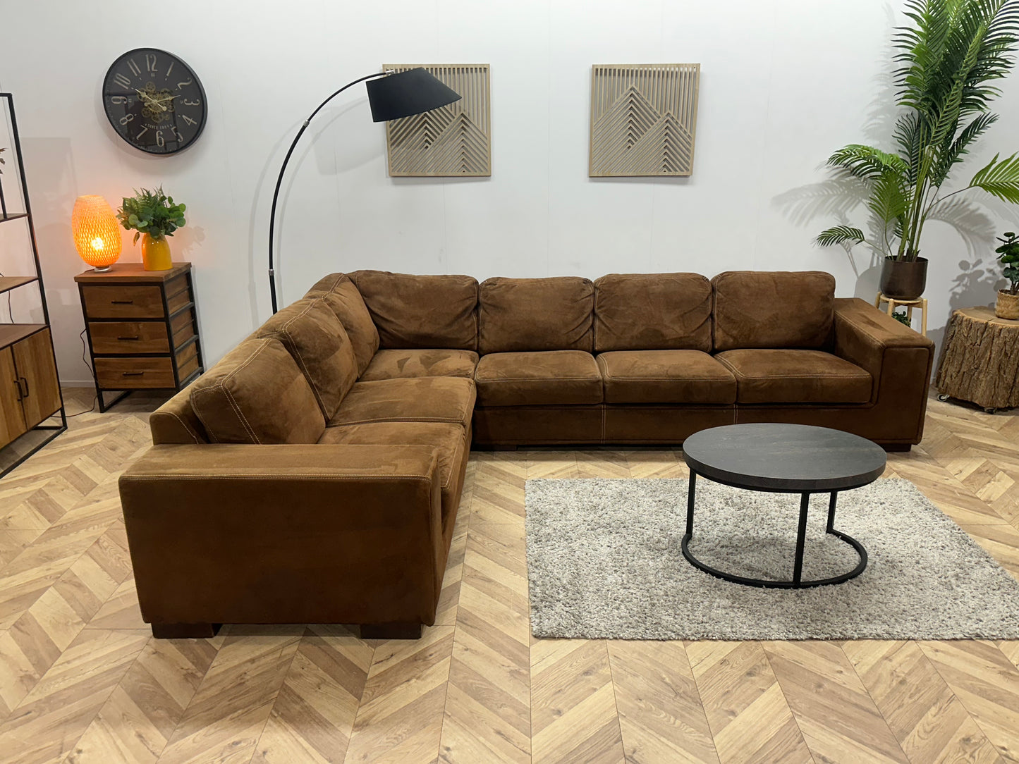Cognac Bruine Velvet Hoekbank ~ Vaste Kussens