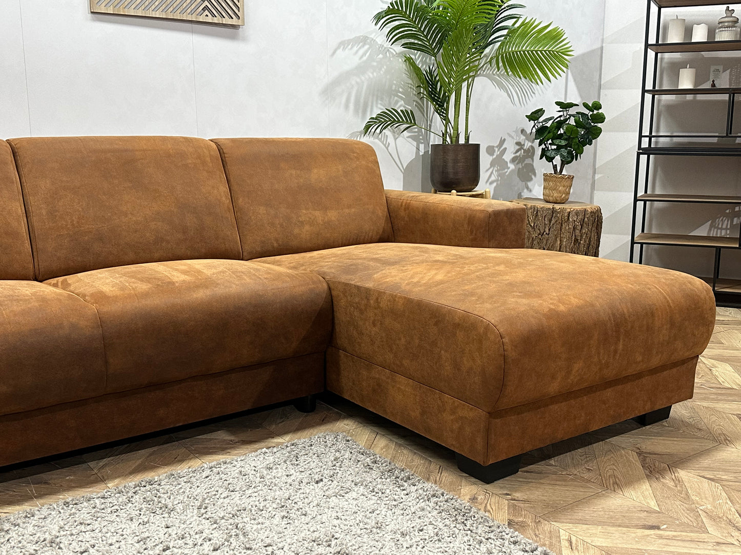 Cognac Bruine Suède Stoffen Hoekbank ~ Vaste Kussens