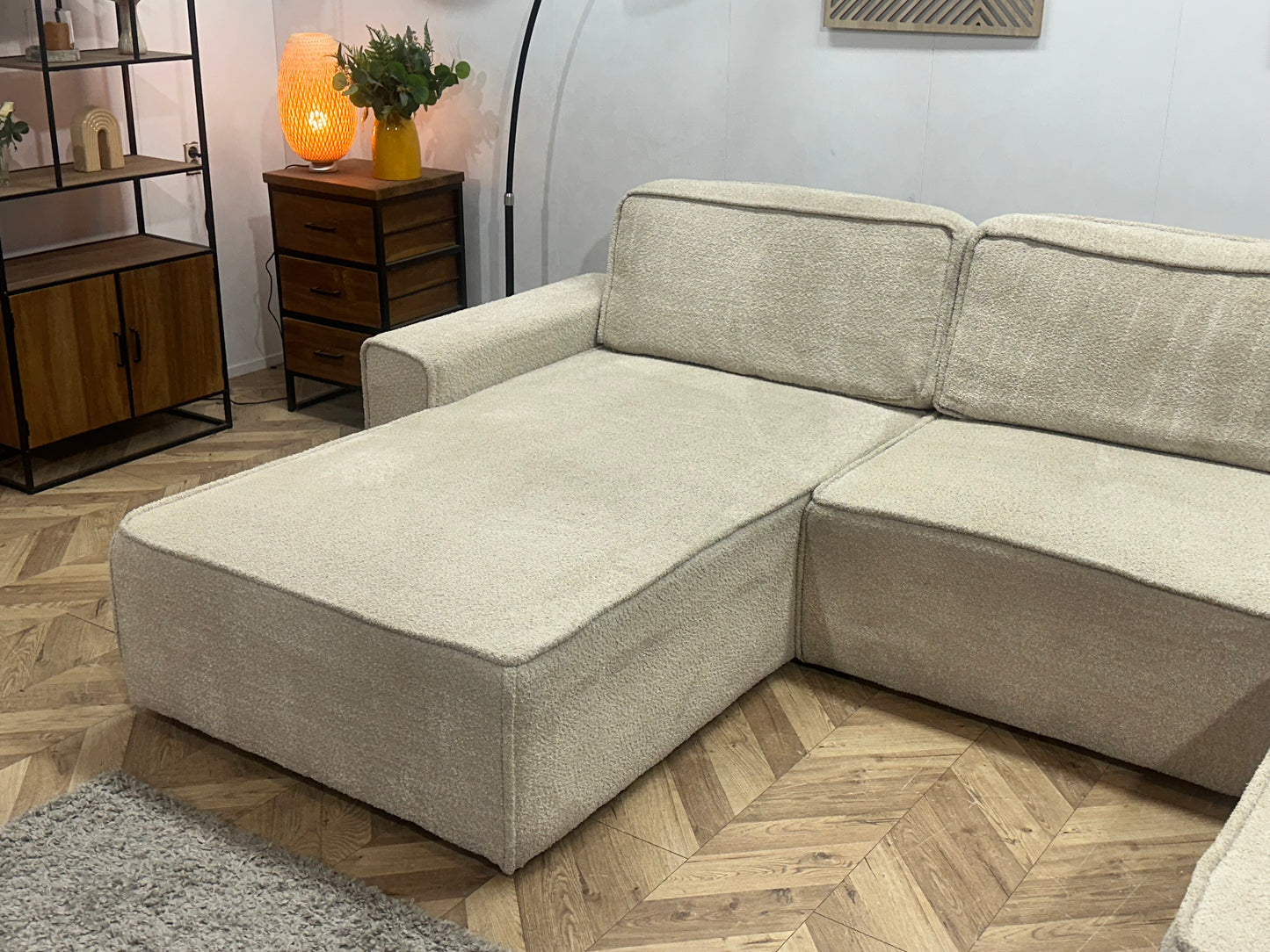 Crème Modulaire Bouclé Stoffen U Bank ~ Losse Rugkussens Met Afneembare Hoezen