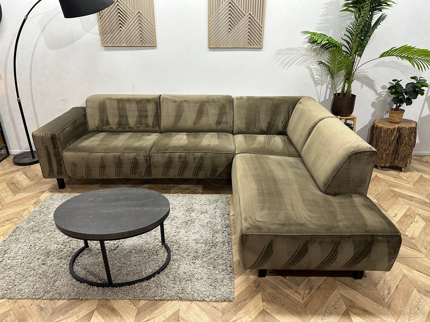 Groene Velvet Hoekbank ~ Vaste Kussens