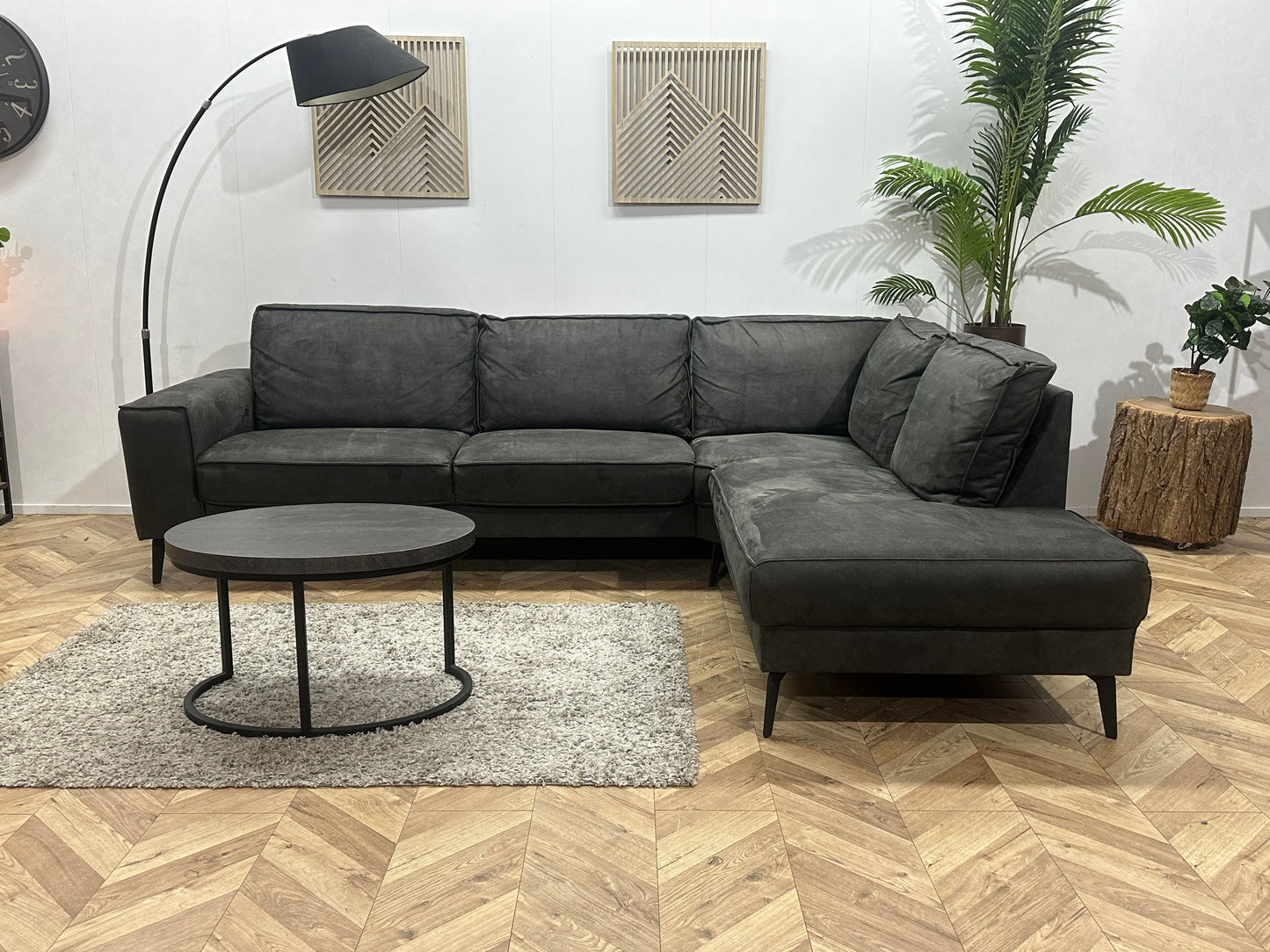 Antraciet Suède Stoffen Hoekbank ~ Losse Rugkussens Met Afneembare Hoezen