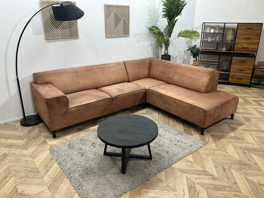 Cognac Bruine Suède Stoffen Hoekbank ~ Vaste Kussens