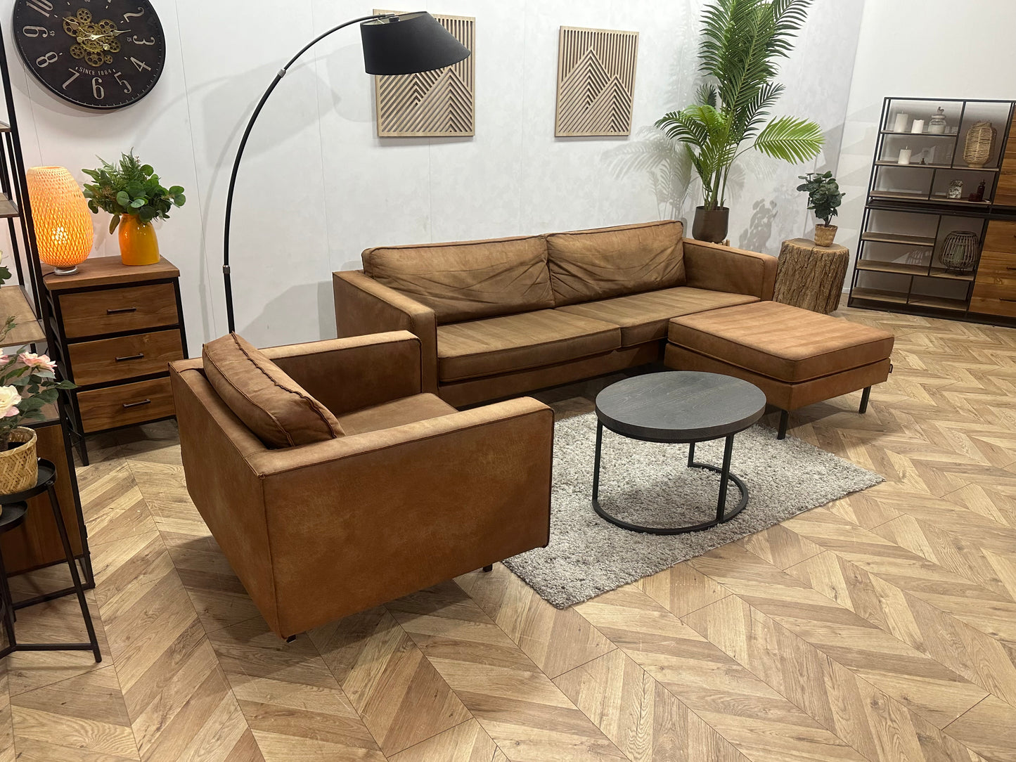 Woood Cognac Bruine Suède Stoffen Hoekbank Inc Fauteuil ~ Losse Kussens Met Afneembare Hoezen