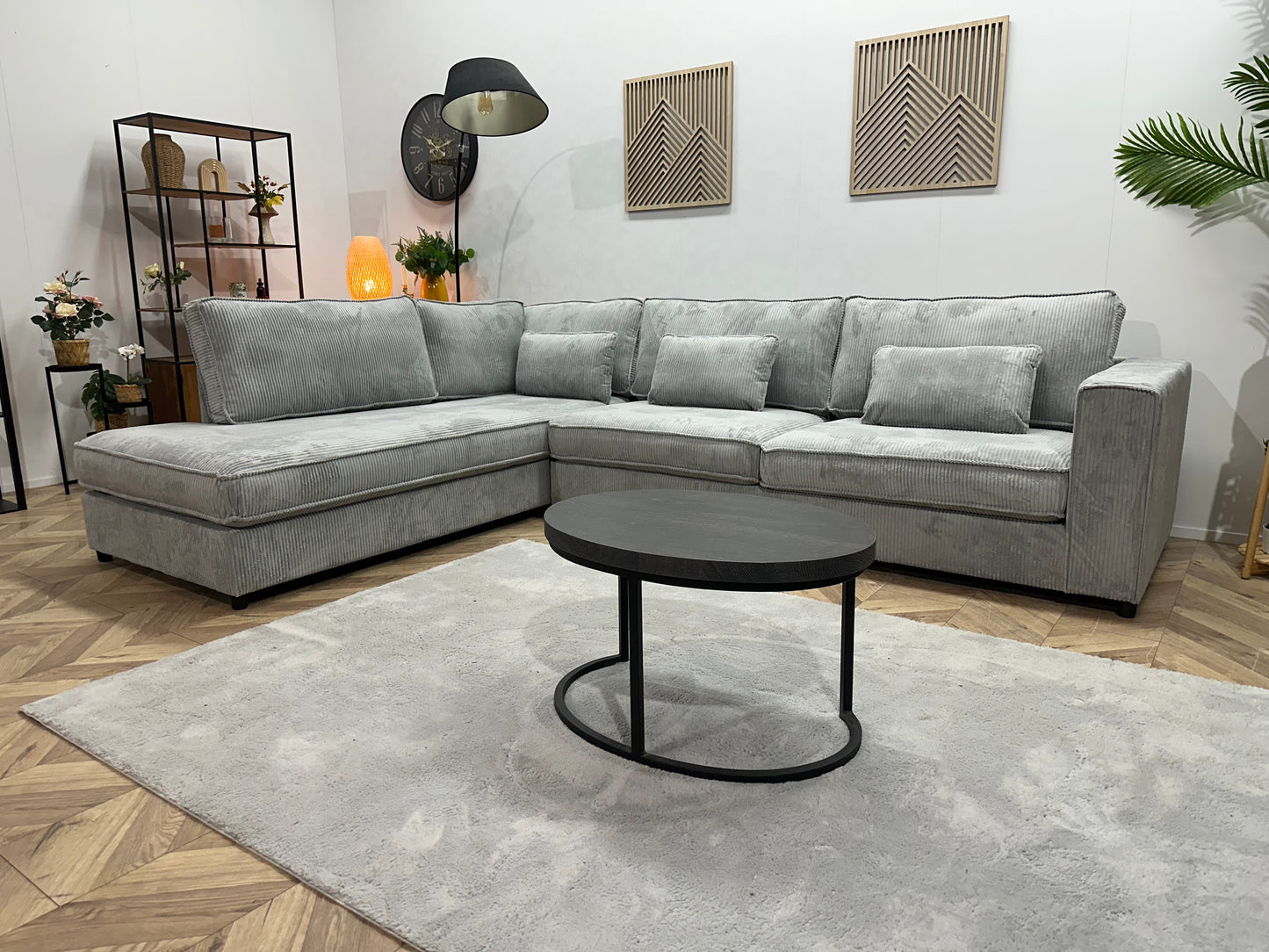 !Showroommodel! Licht Blauwe Ribstof Hoekbank Beide Hoeken Mogelijk