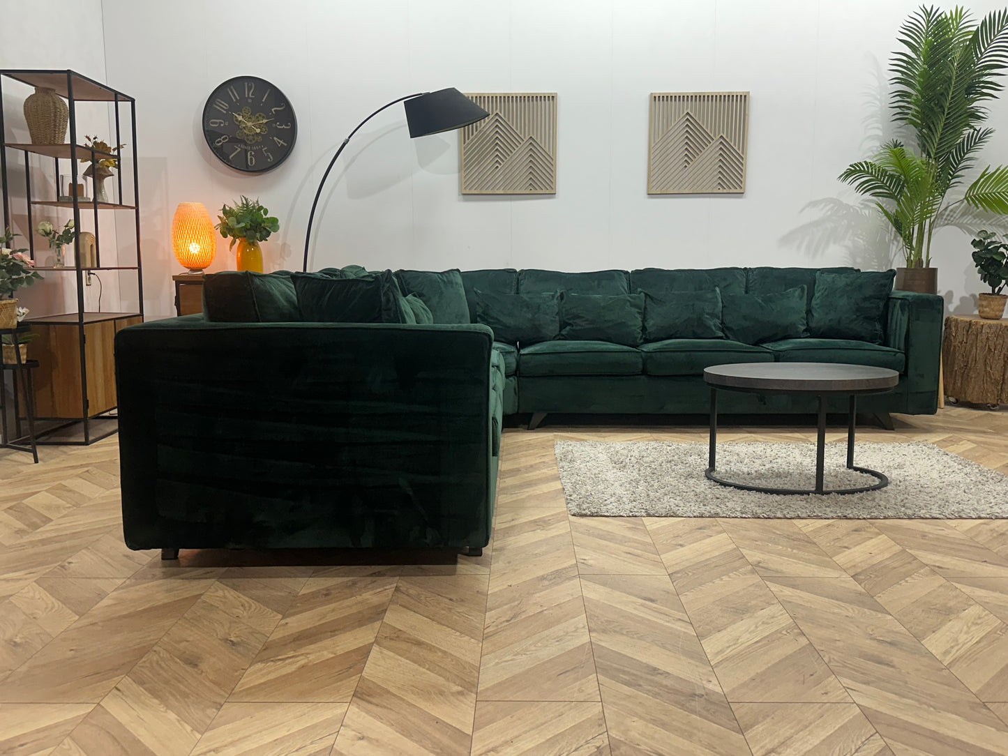 Groene Velvet Ruime Hoekbank ~ Losse Kussens Met Afneembare Hoezen