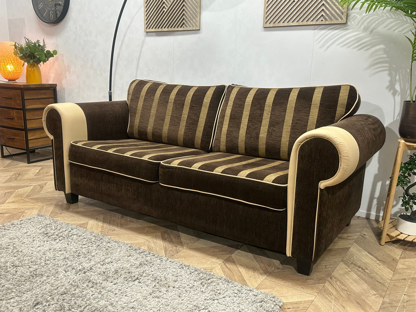 Bruine/Crème Stoffen/Echt Lederen 2.5-Zits Bank ~ Losse Kussens Met Afneembare Hoezen