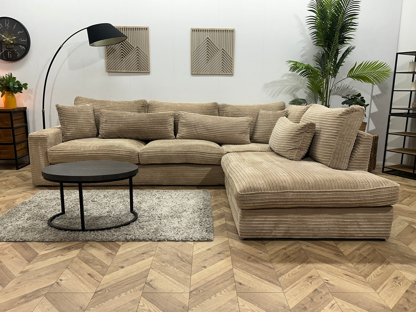 Crème/Beige Ribstof Hoekbank ~ Losse Kussens Met Afneembare Hoezen