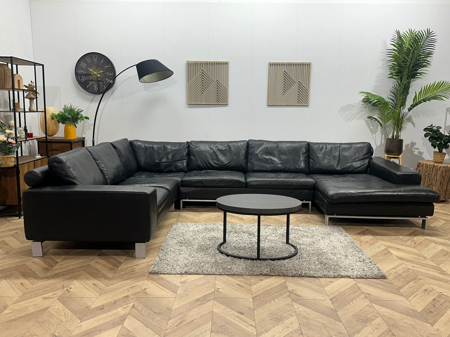 Leatherworld Zwarte Echt Lederen U Bank ~ Losse Kussens Met Afneembare Hoezen