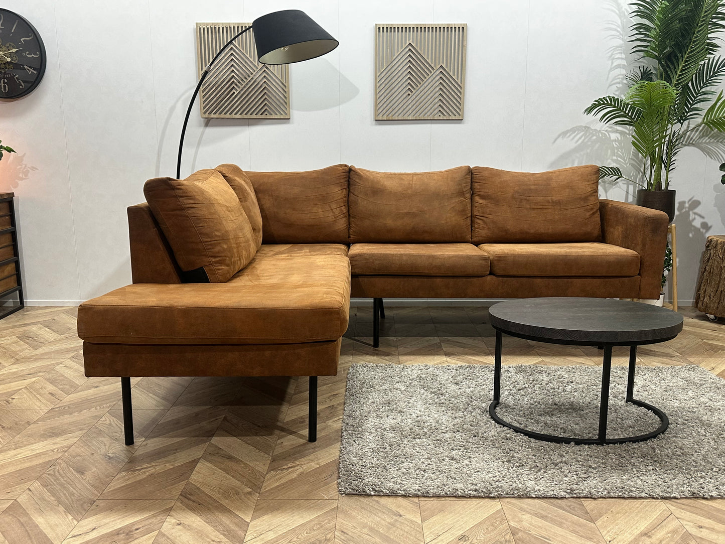 Cognac Bruine Suede Stoffen Hoekbank ~ Losse Kussens Met Afneembare Hoezen