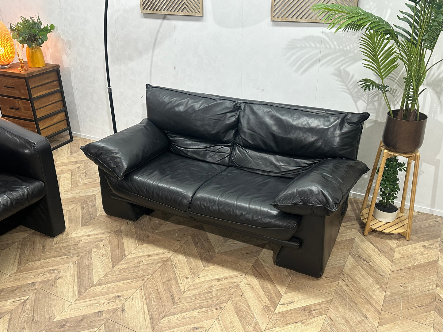 Zwarte Echt Lederen 2-Zits Inc Fauteuil ~ Vaste Kussens