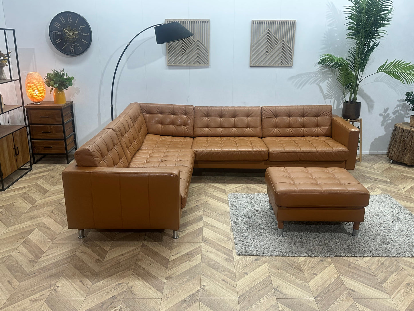 Cognac Bruine Echt Lederen Hoekbank Inc Hocker ~ Geïmpregneerd