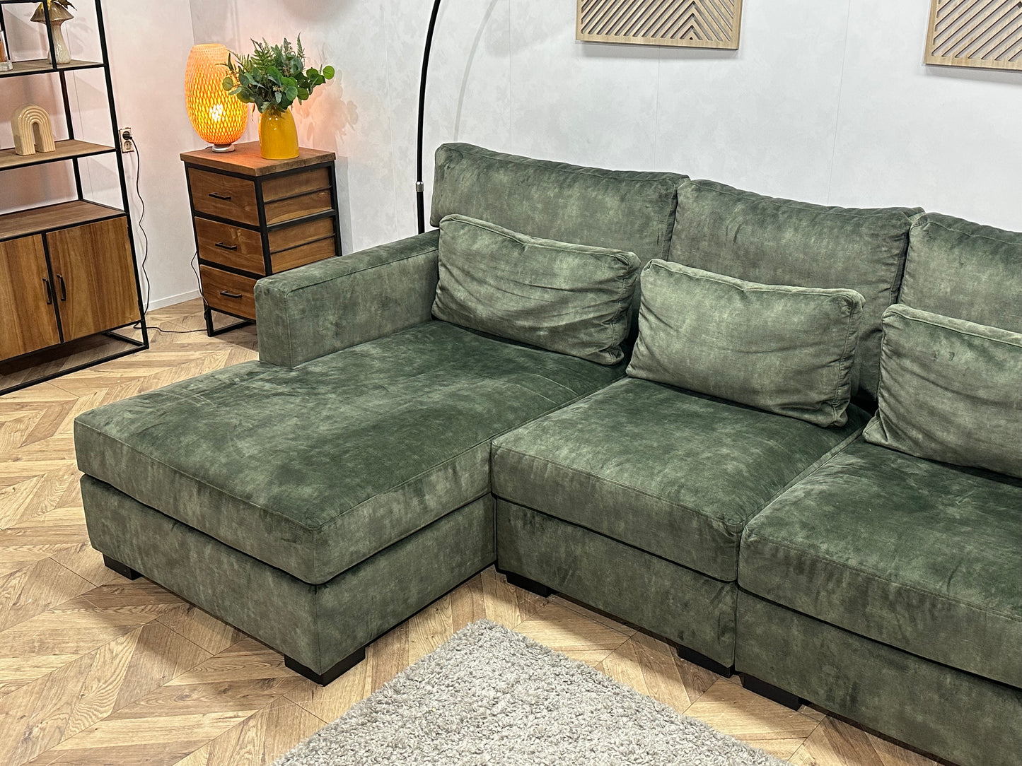 Groene Velvet Hoekbank ~ Losse Kussens Met Afneembare Hoezen