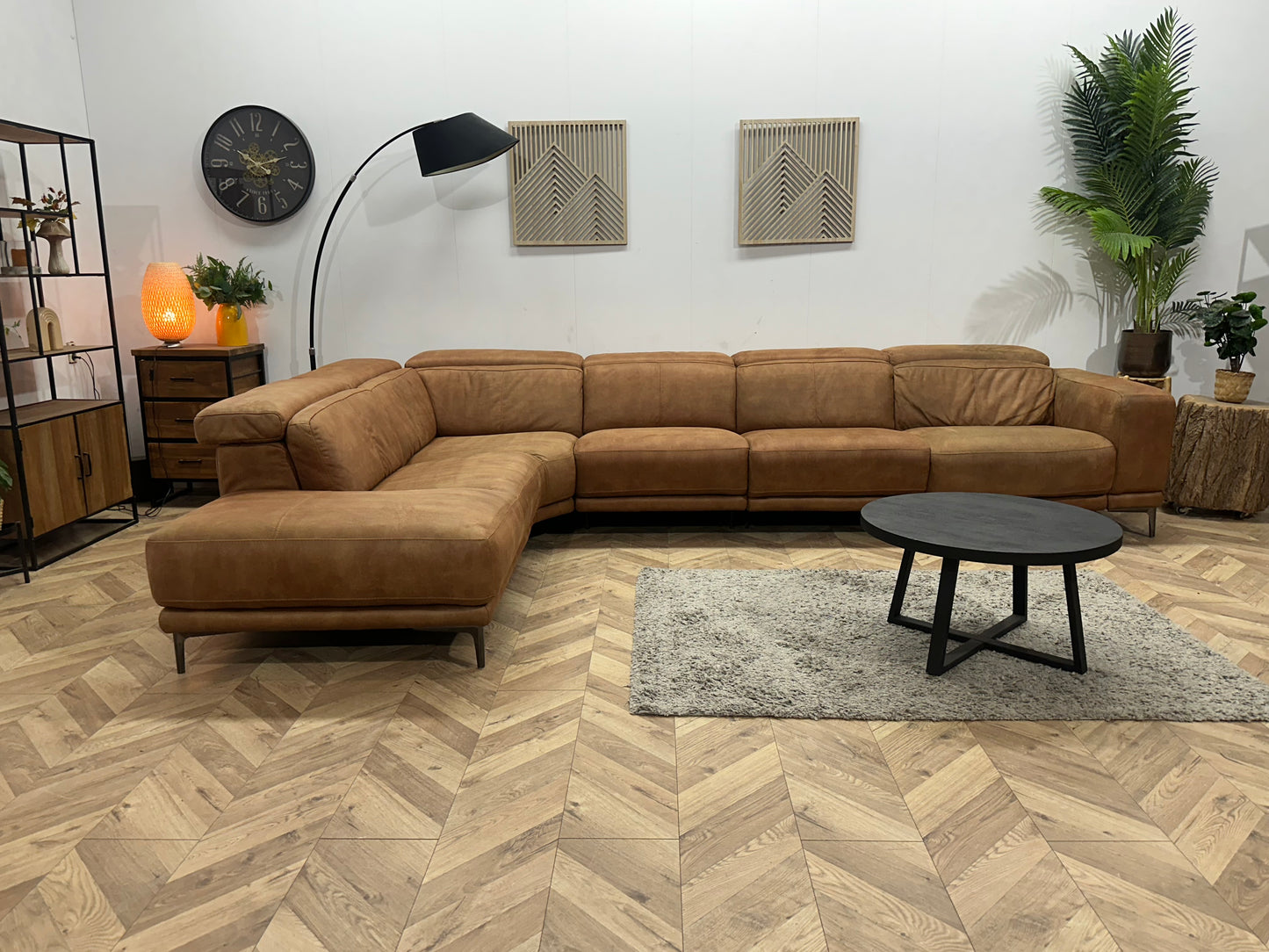 Cognac Bruine Suede Stoffen Hoekbank ~ Relaxfunctie