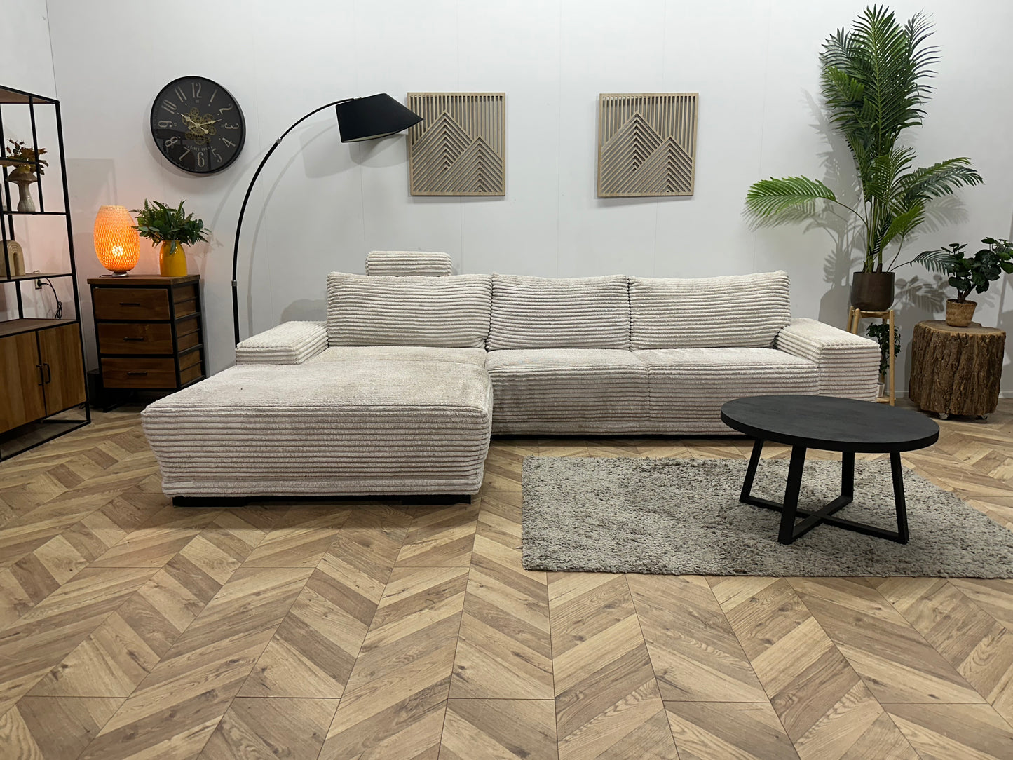 Witte Ribstof Hoekbank ~ Vaste Kussens