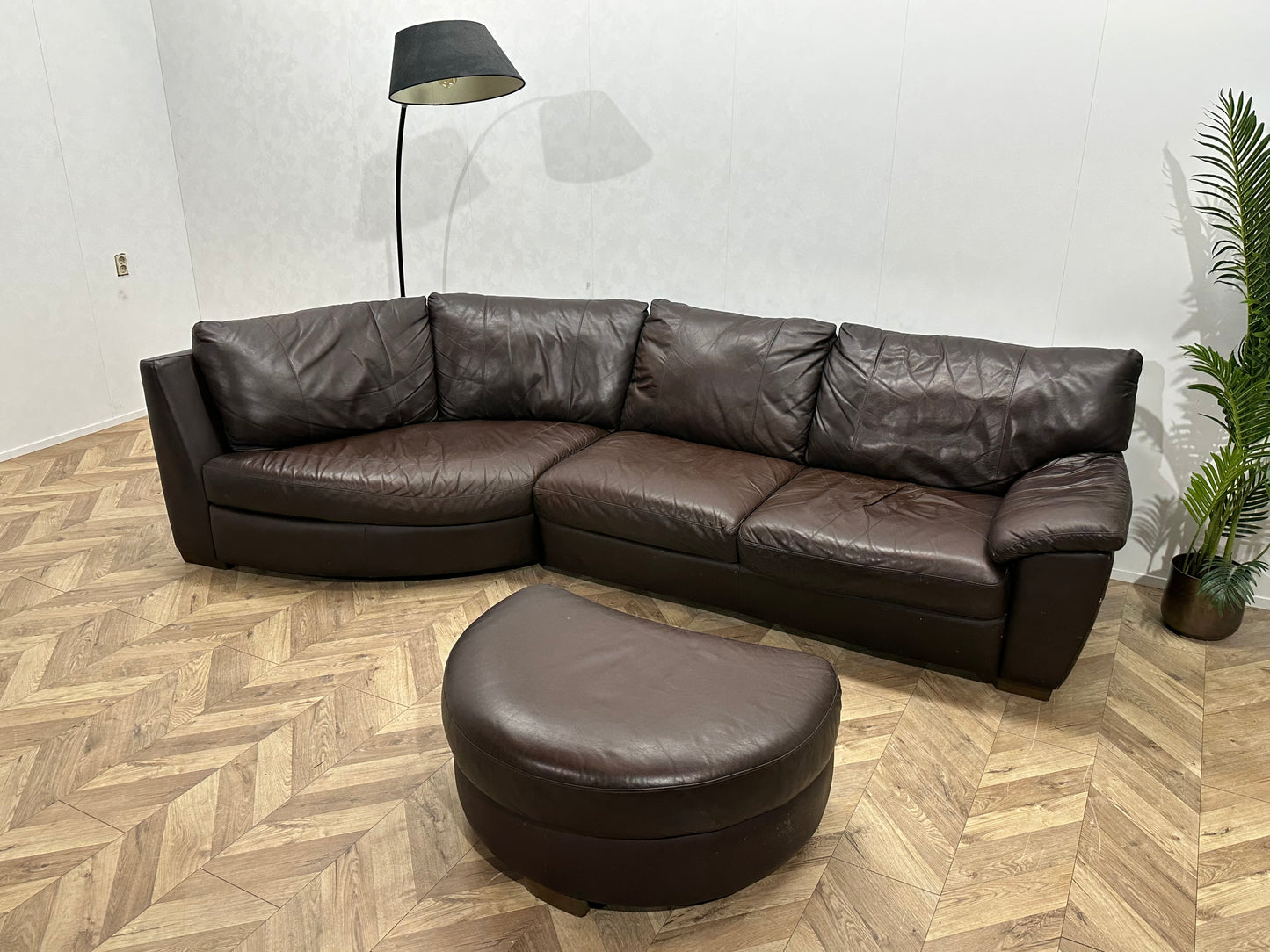 Bruine Echt Lederen Design Hoekbank Inc Hocker ~ Vaste Kussens