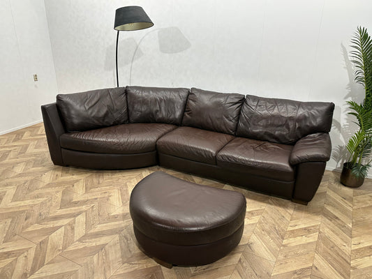 Bruine Echt Lederen Design Hoekbank Inc Hocker ~ Vaste Kussens