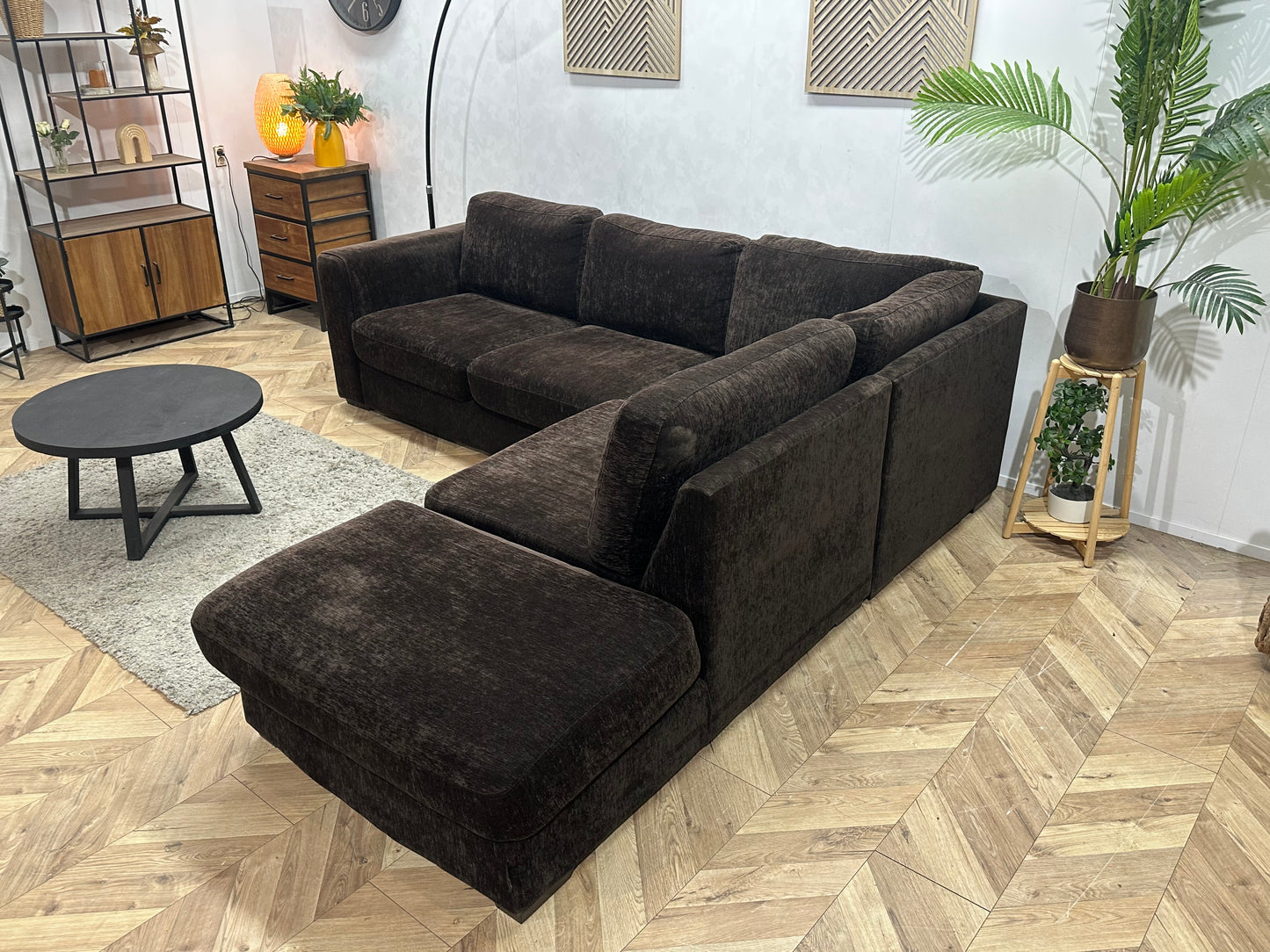 H&H Bruine Velvet Hoekbank ~ Losse Kussens Met Afneembare Hoezen
