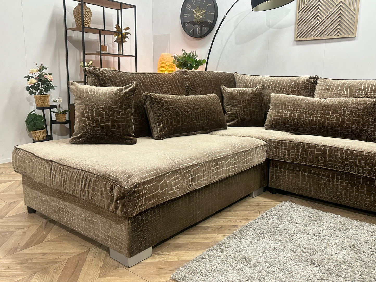 Bruine Croco Stoffen Hoekbank ~ Losse Kussens Met Afneembare Hoezen