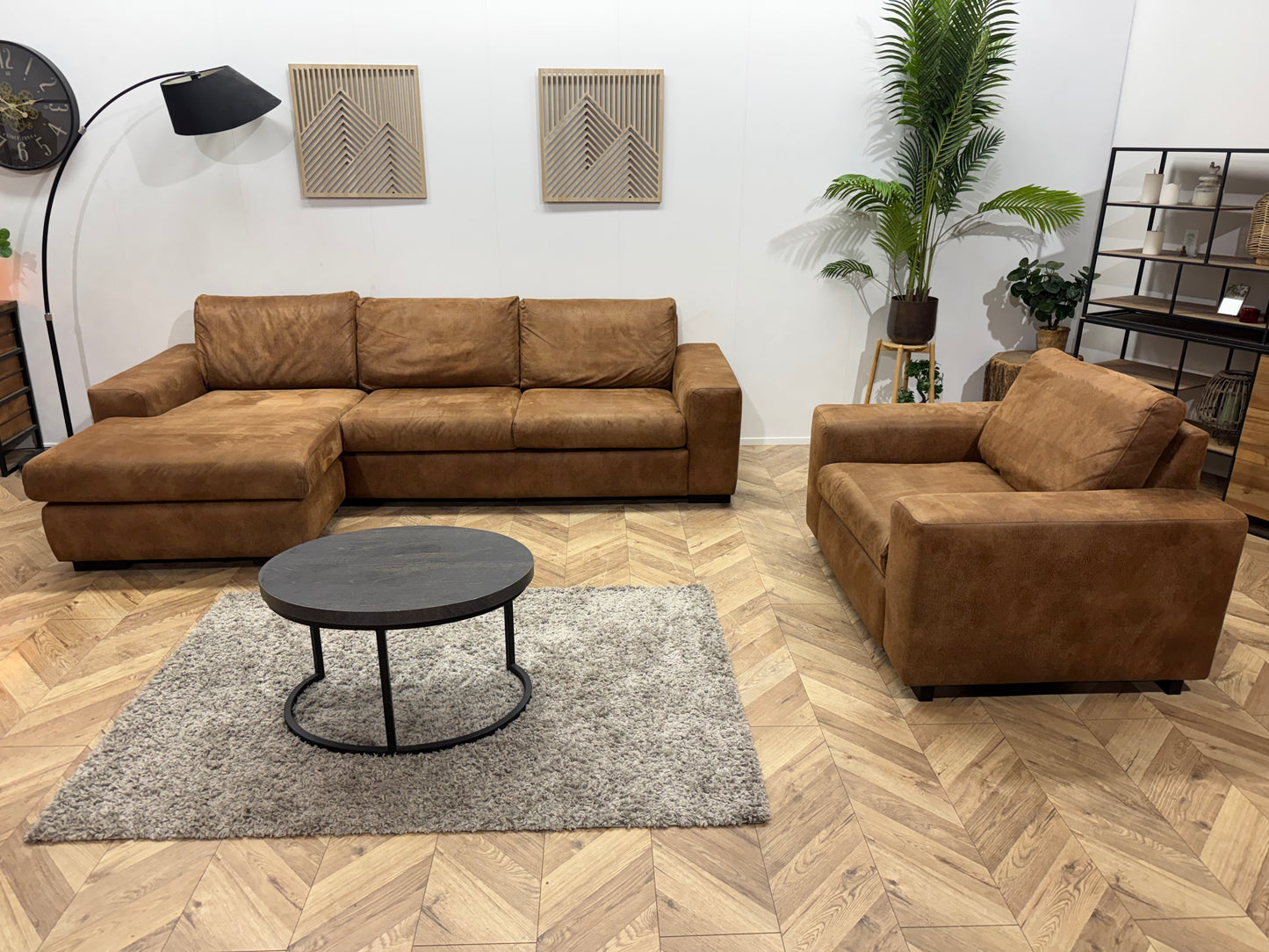 Cognac Bruine Suède Lederen Hoekbank Incl. Fauteuil