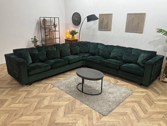 Groene Velvet Ruime Hoekbank ~ Losse Kussens Met Afneembare Hoezen