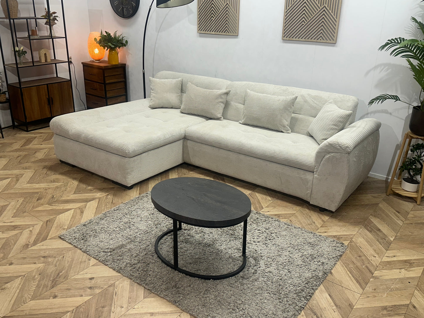 !Showroommodel! Witte Ribstof Hoekbank ~ Slaapfunctie