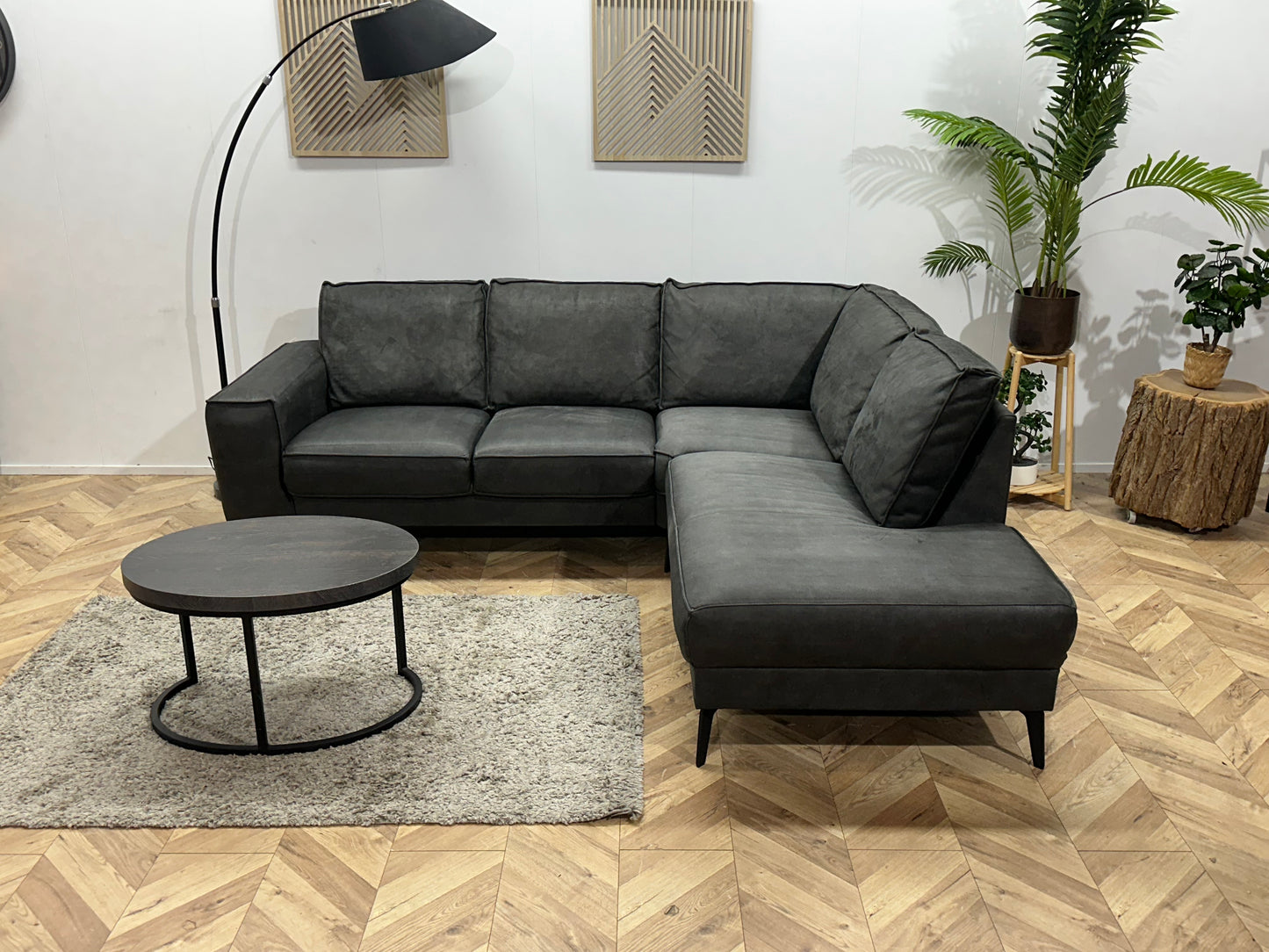 Antraciet Suède Stoffen Hoekbank ~ Losse Rugkussens Met Afneembare Hoezen