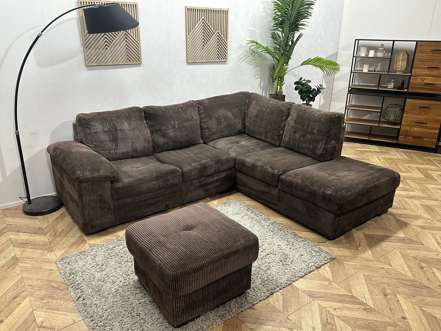 Bruine Ribstof Hoekbank Inc Hocker ~ Vaste Kussens