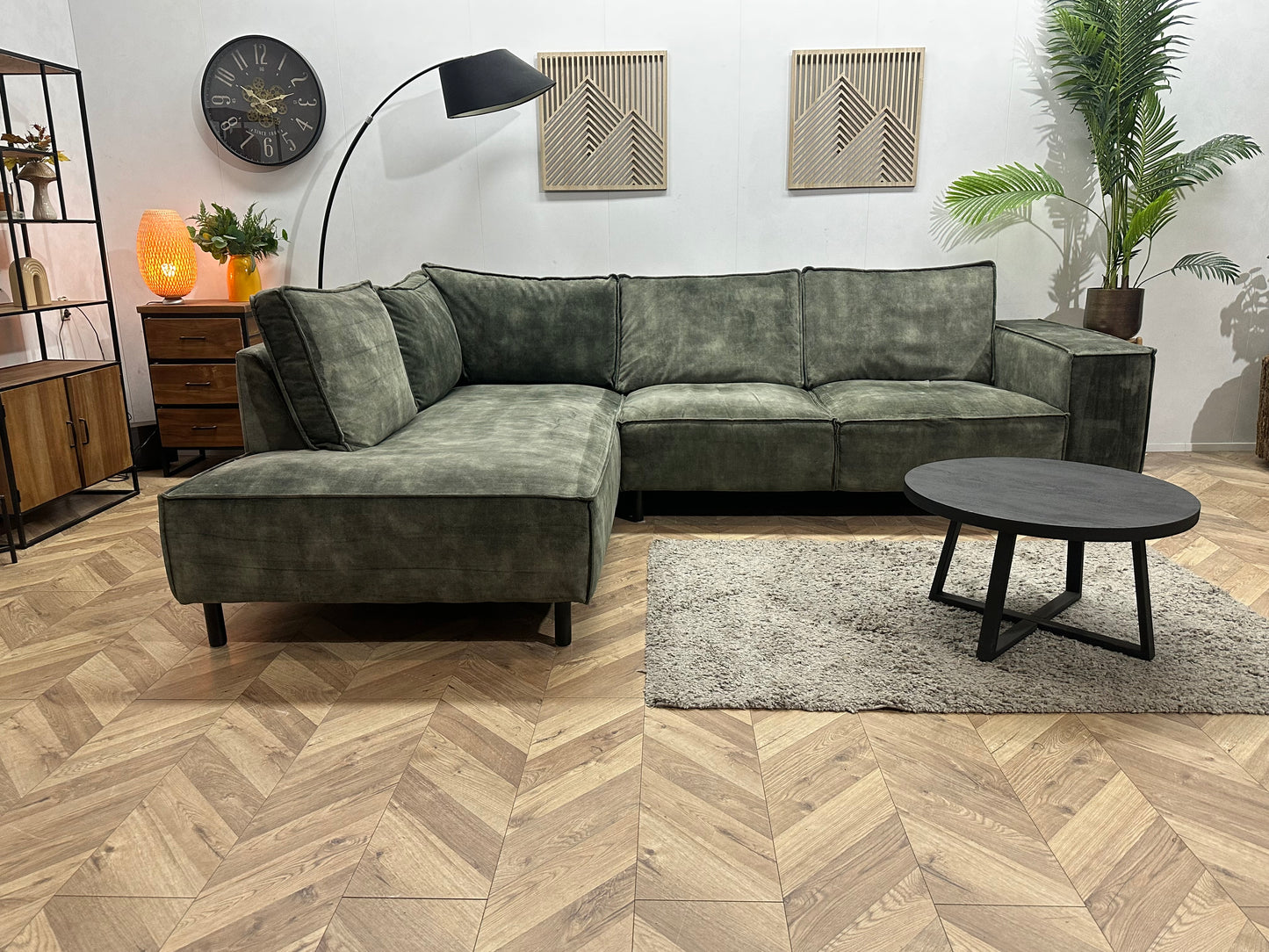 Groene Velvet Hoekbank ~ Losse Rugkussens Met Afneembare Hoezen