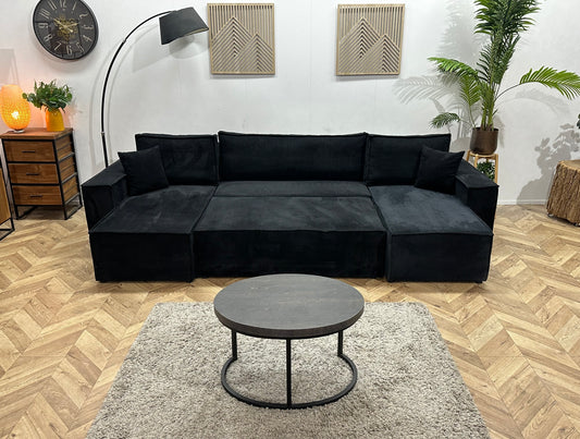 !Showroommodel! Zwarte Ribstof Hoekbank ~ Slaapfunctie