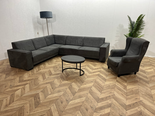 Antraciet Suède Leer Hoekbank Inc. Fauteuil