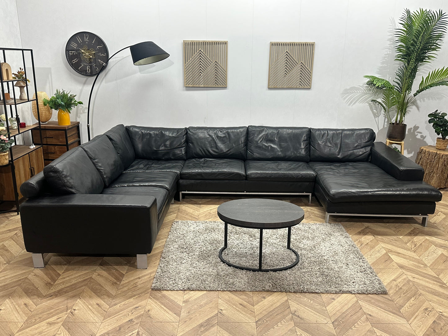 Leatherworld Zwarte Echt Lederen U Bank ~ Losse Kussens Met Afneembare Hoezen