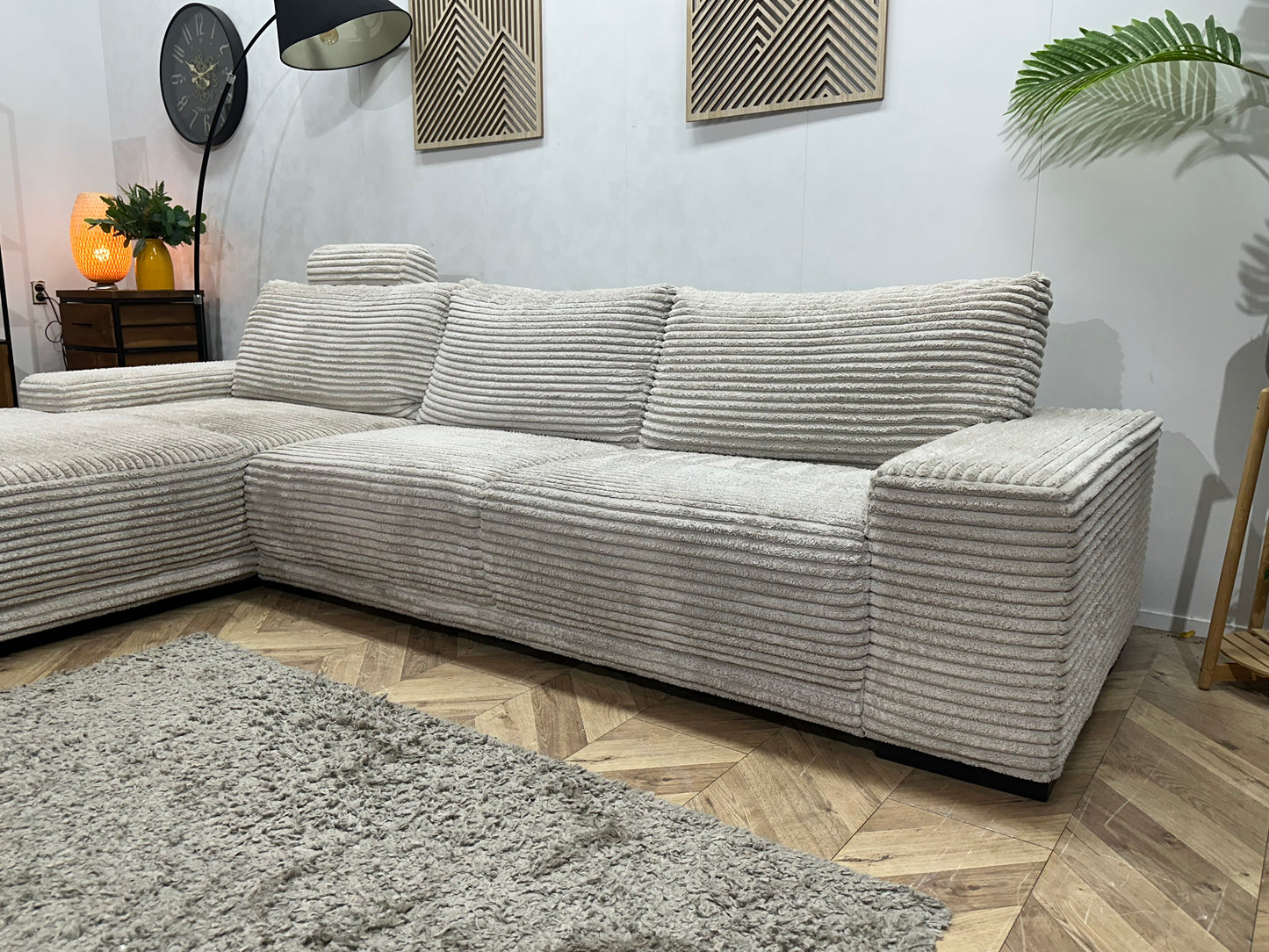 Witte Ribstof Hoekbank ~ Vaste Kussens