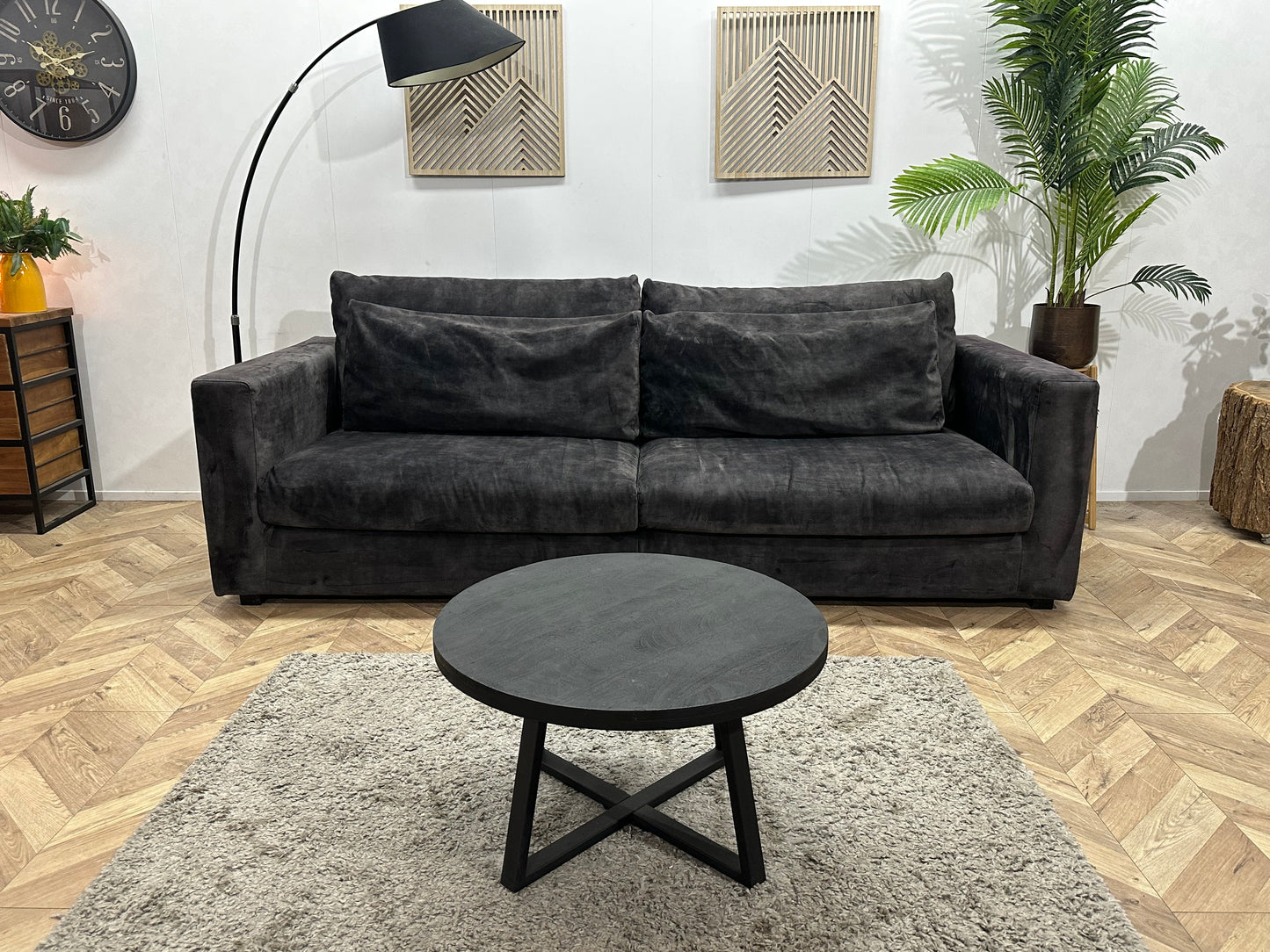 Antraciet Velvet 3-Zits Bank ~ Losse Kussens Met Afneembare Hoezen