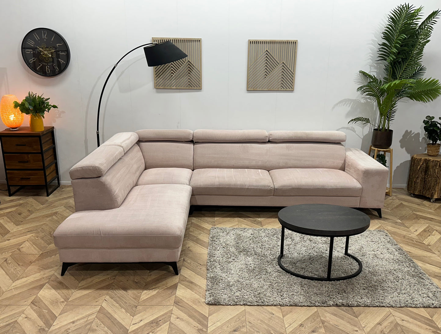 Roze Suede Stoffen Hoekbank ~ Verstelbare Hoofdsteunen