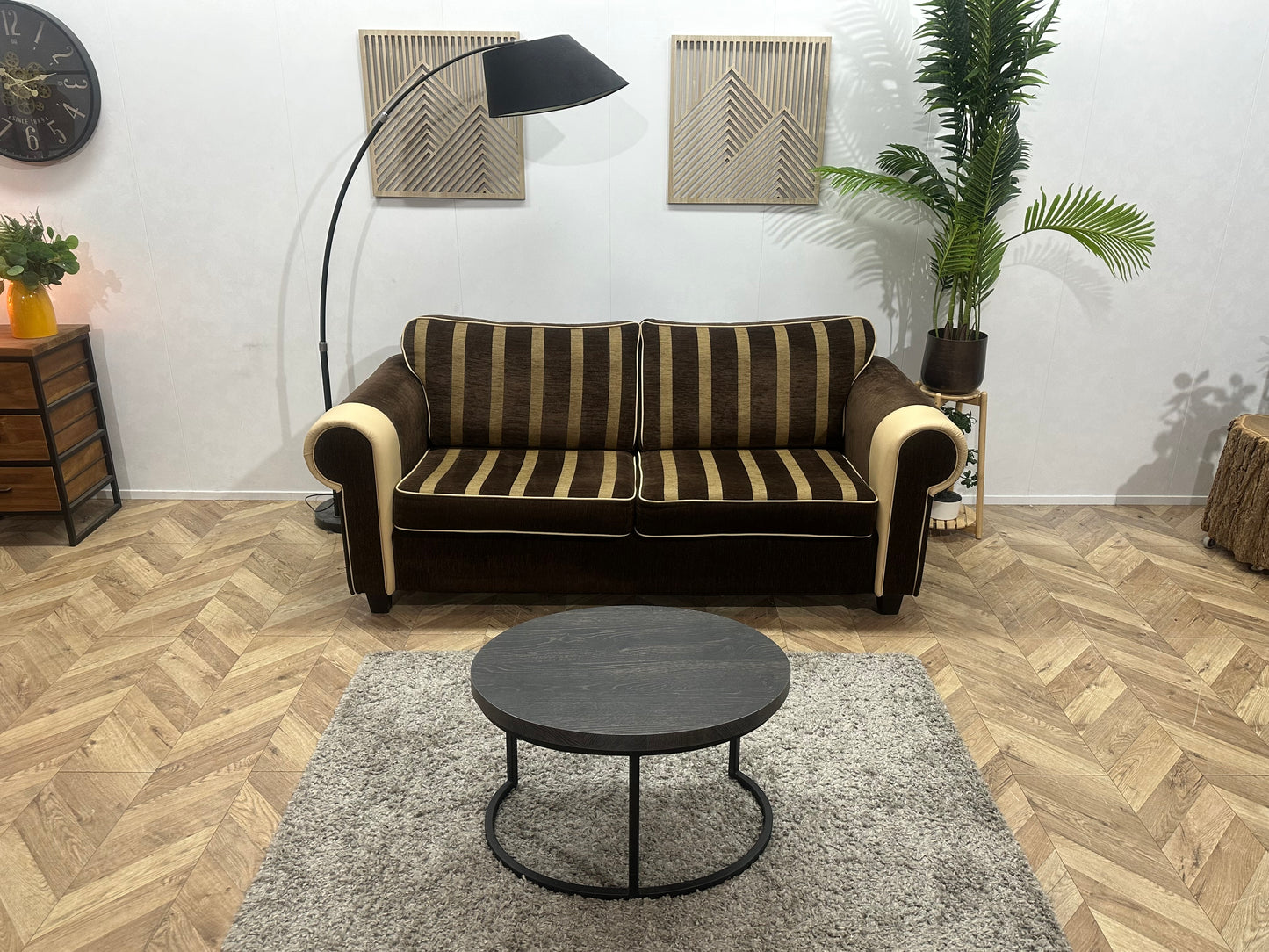 Bruine/Crème Stoffen/Echt Lederen 2.5-Zits Bank ~ Losse Kussens Met Afneembare Hoezen