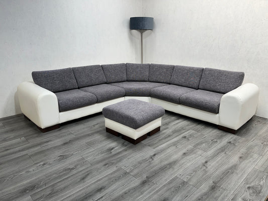 Wit / Grijze, Echt Lederen / Stoffen Hoekbank Inc. hocker - Banken Bazaar