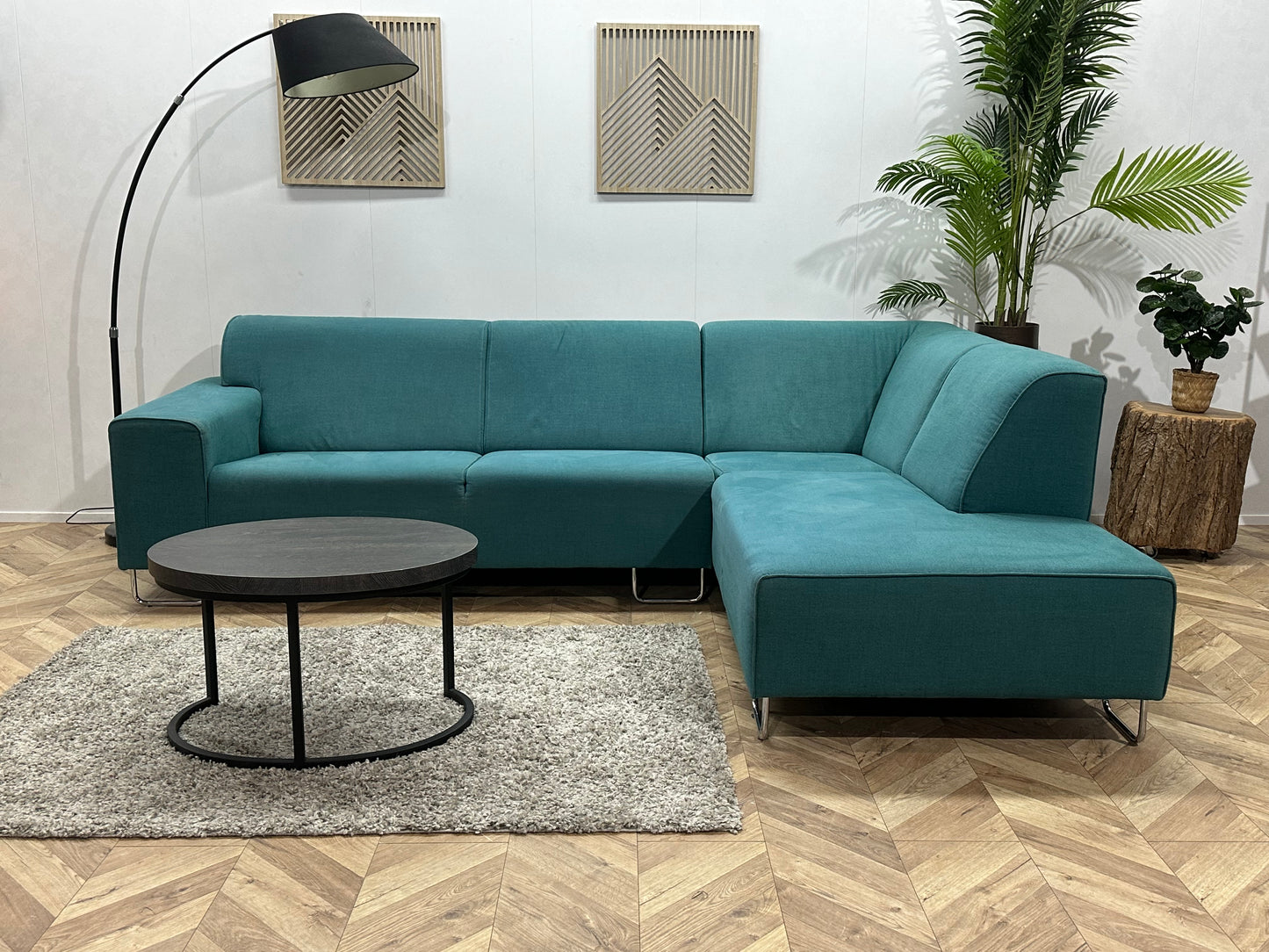 Licht Blauwe Suède Stoffen Hoekbank ~ Vaste Kussens