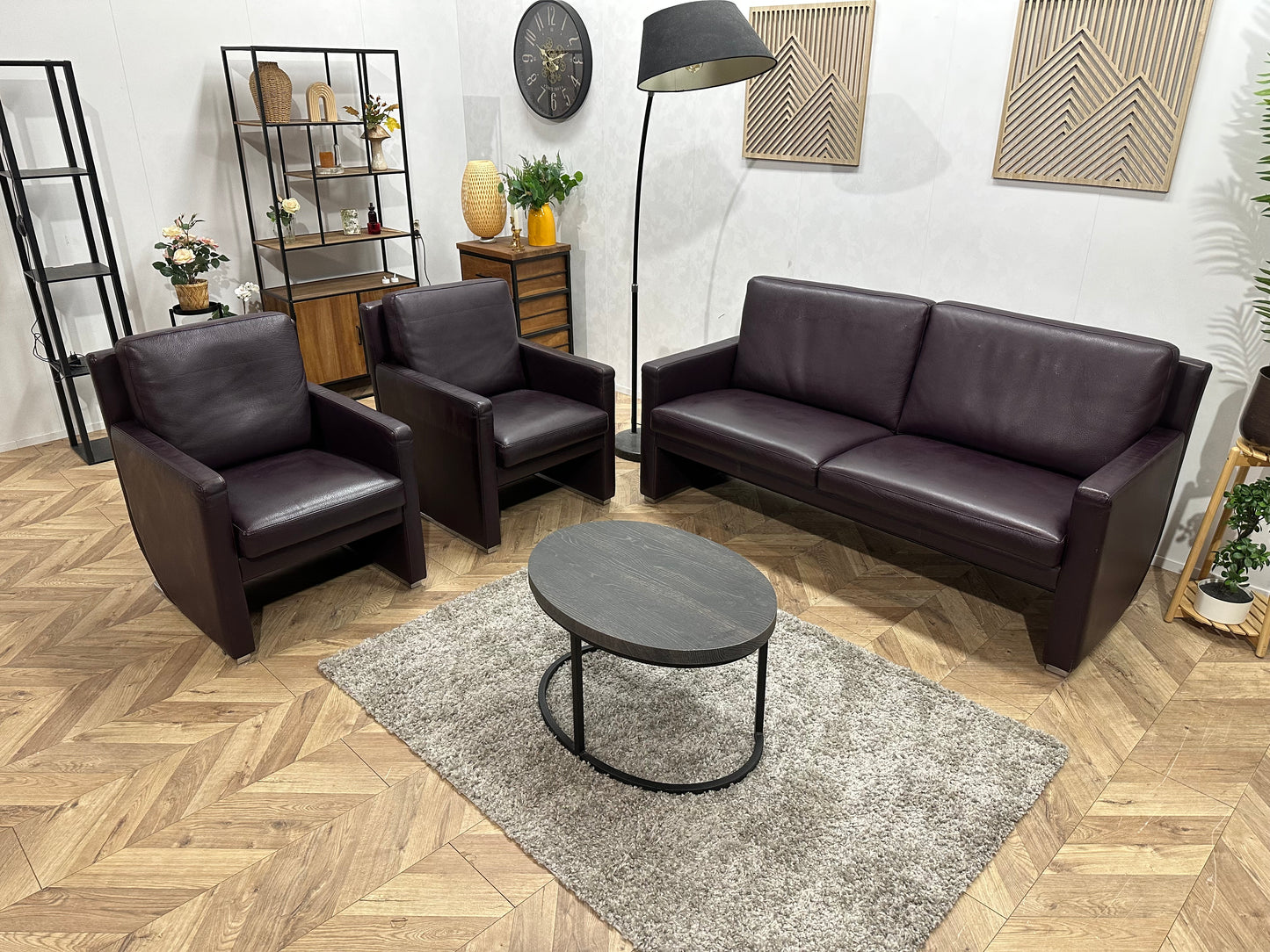 Leolux Paarse Echt Lederen Banken Set ~ Uitschuifbare Zittingen