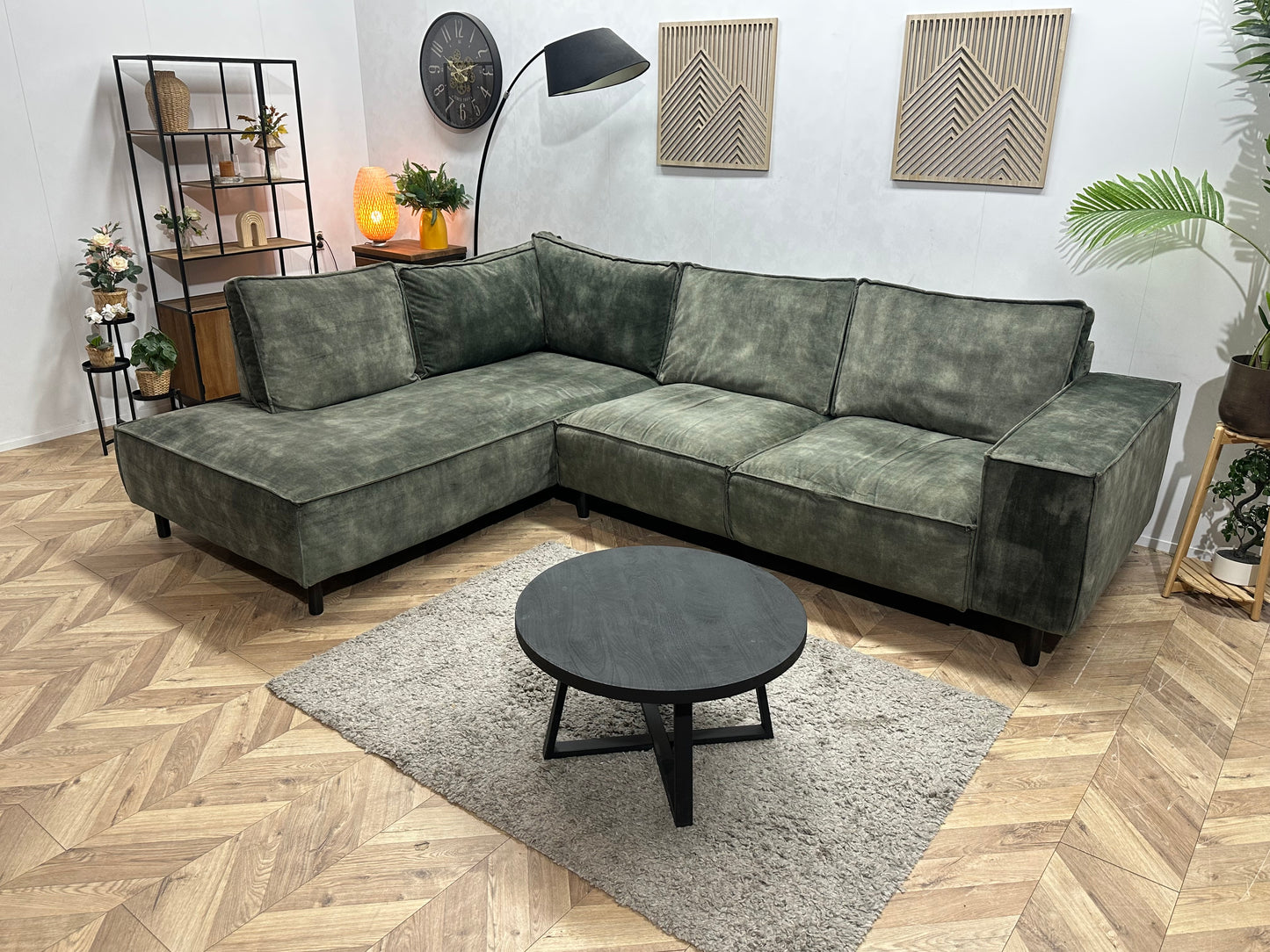 Groene Velvet Hoekbank ~ Losse Rugkussens Met Afneembare Hoezen