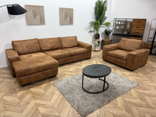 Cognac Bruine Suède Lederen Hoekbank Incl. Fauteuil