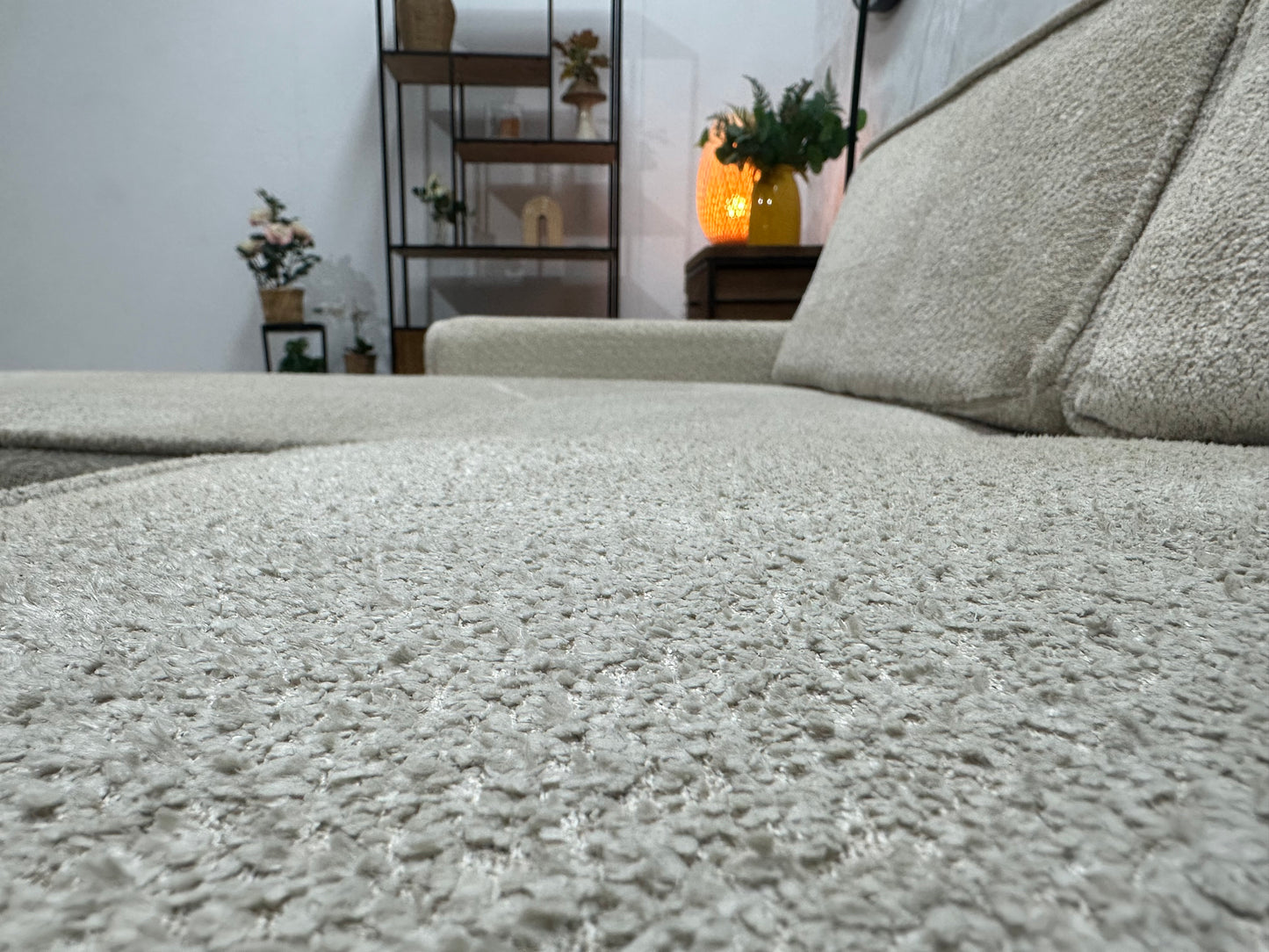 Crème Modulaire Bouclé Stoffen U Bank ~ Losse Rugkussens Met Afneembare Hoezen